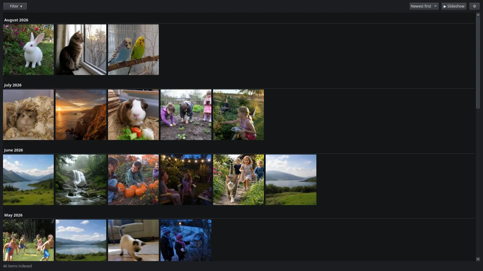 Gallery grouped into sections by month, dark theme