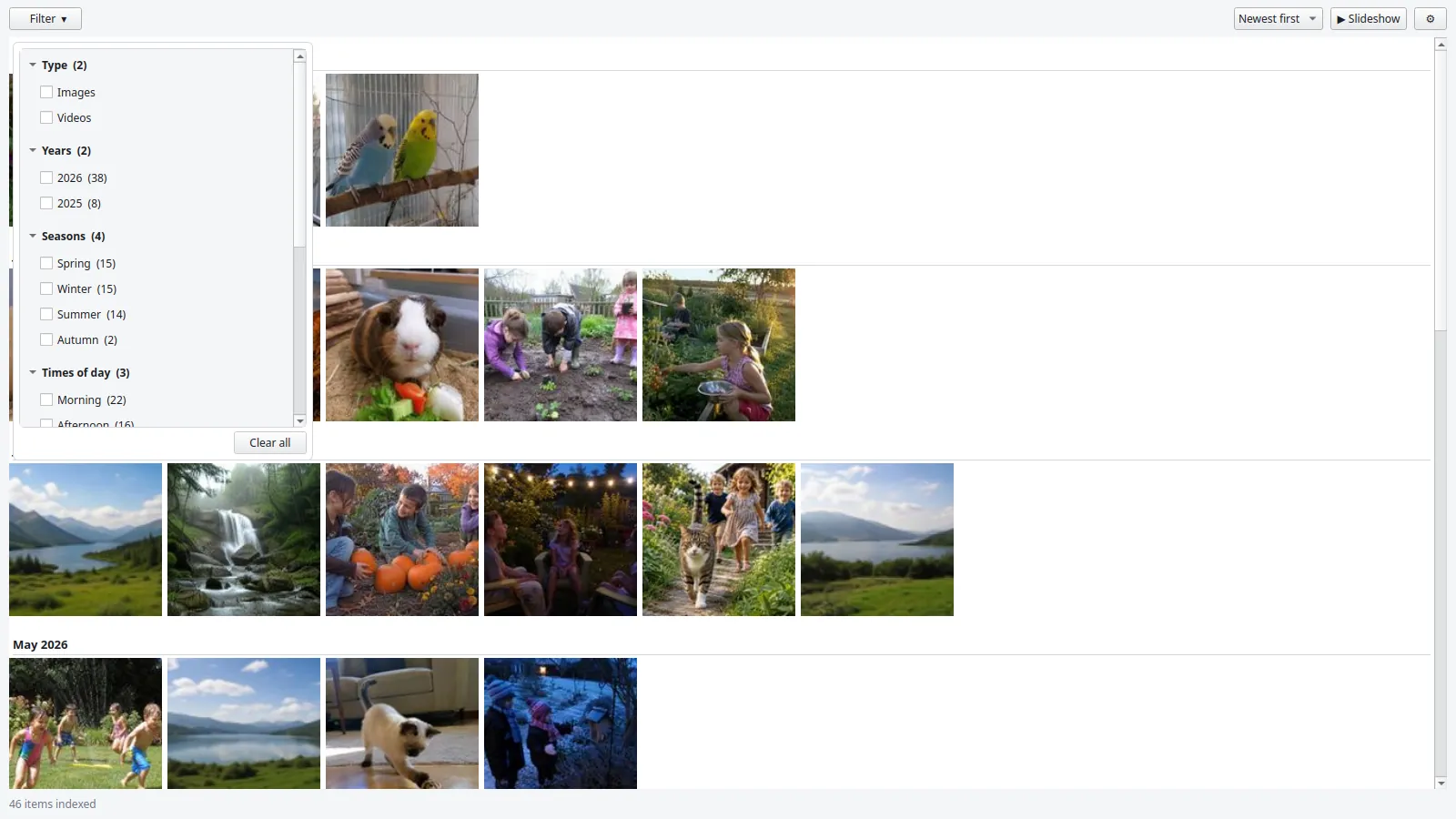 The tag filter open, showing type, year, season and time-of-day categories